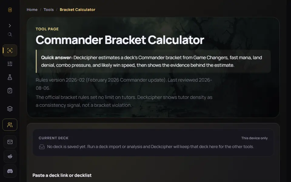 Deckcipher Bracket Calculator interface screenshot
