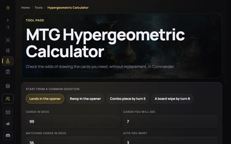 Deckcipher Hypergeometric Calculator interface screenshot