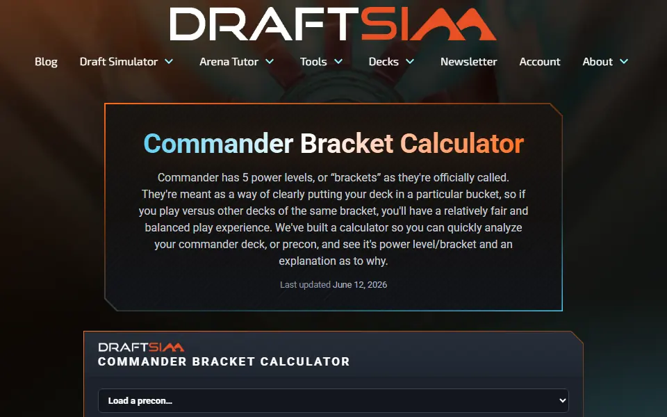Draftsim Commander Bracket Calculator interface screenshot