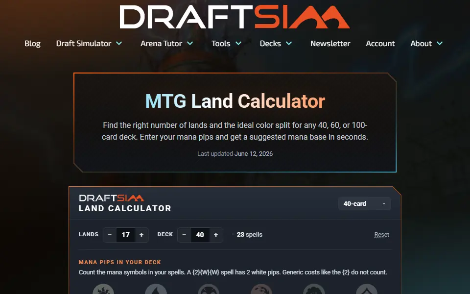 Draftsim MTG Land Calculator interface screenshot
