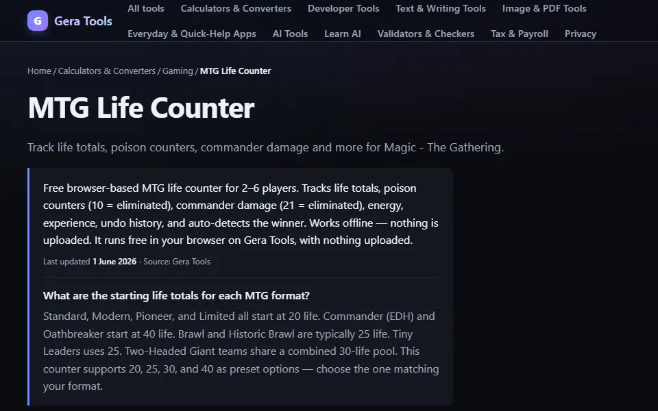 Gera MTG Life Counter interface screenshot