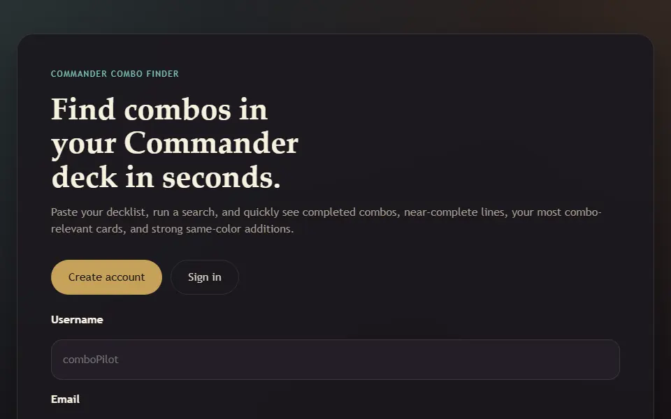 MTG Combo King interface screenshot