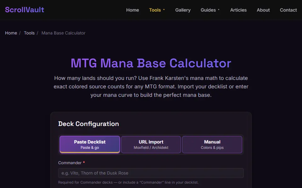 ScrollVault Mana Base Calculator interface screenshot